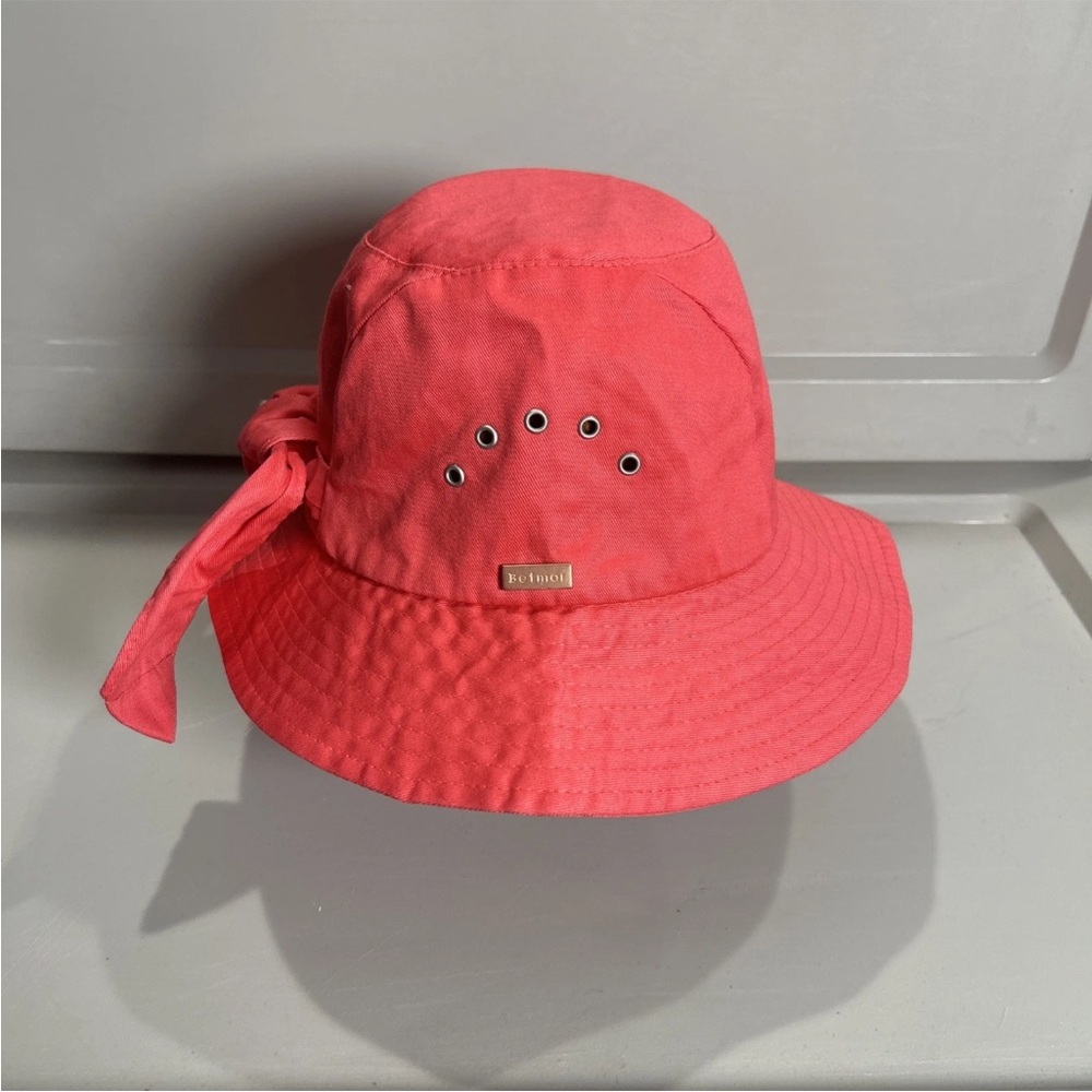 Betmar New York Red Bucket Sun Hat Cotton with Grommets Bow OSFM Beach Vacation